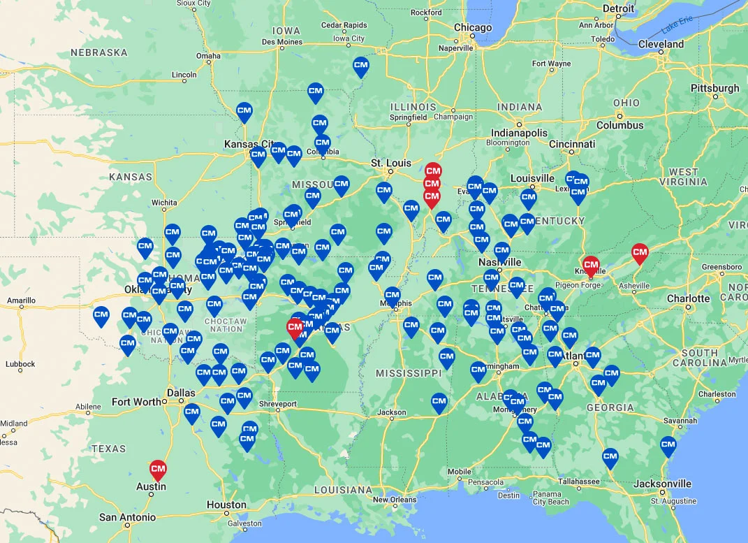 A geographical map with markers indicating the location of Car-Mart dealerships in the midwest region. New acquisitions are marked in red in Illinois, Texas, Arkansas, and Tennessee